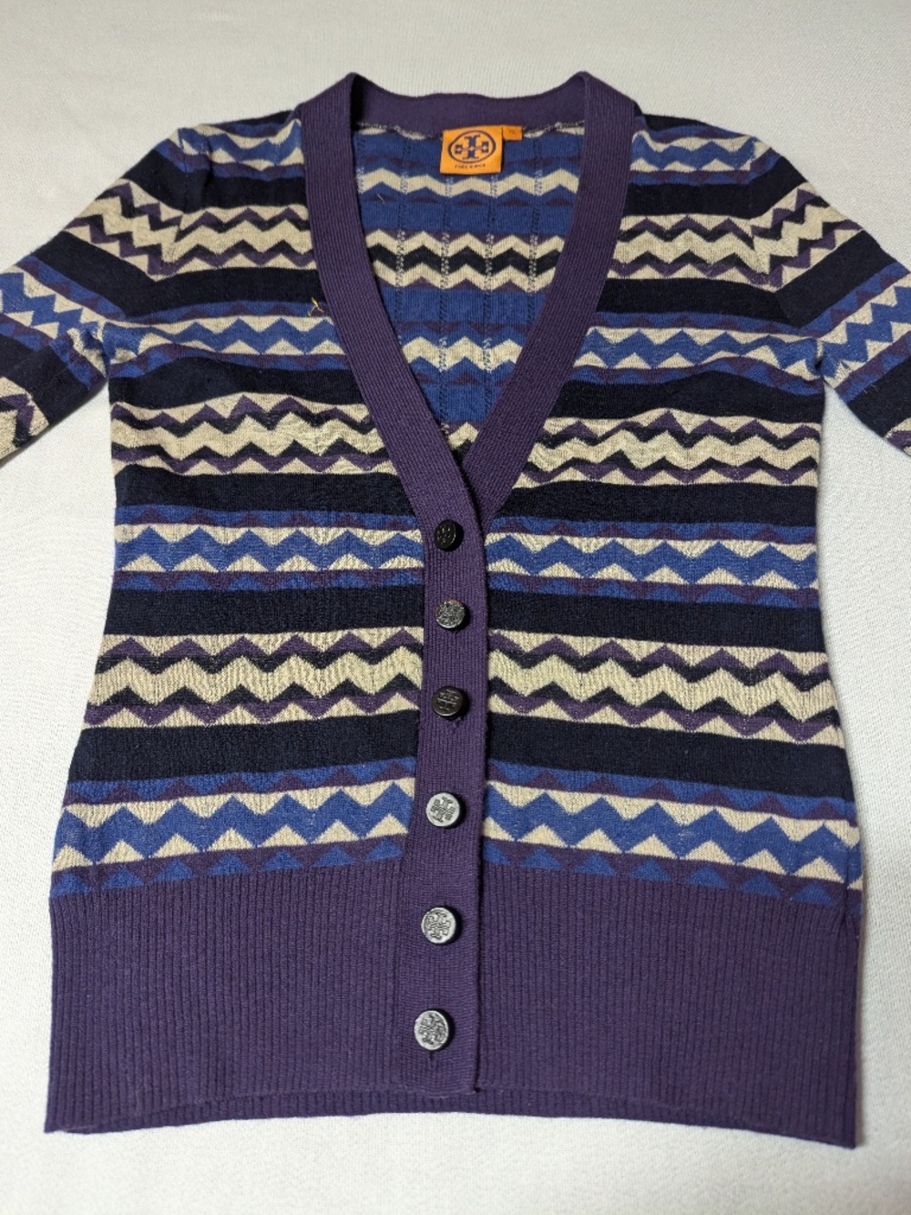 Tory Burch Geometric Print V-Neck Button-Up Cardigan - Size XS